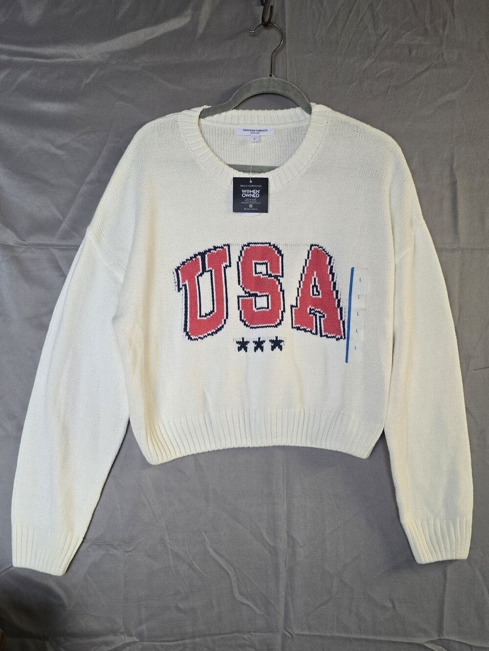 Grayson Threads Sweater Womens Large White USA Graphic Crew Neck Knit Pullover